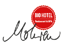Das Logo des Biohotel Mohren zeigt den handschriftlich wirkenden, kursiven Namen "Mohren" in grauer Farbe. Darüber und leicht rechts davon befindet sich ein rotes, rundes Siegel mit gezacktem Rand. In dem Siegel steht in weißer, serifenloser Schrift "BIO HOTEL" in der oberen Hälfte und darunter, etwas kleiner, "Restaurant & SPA" auf einem weißen horizontalen Balken. Der Hintergrund ist weiß.