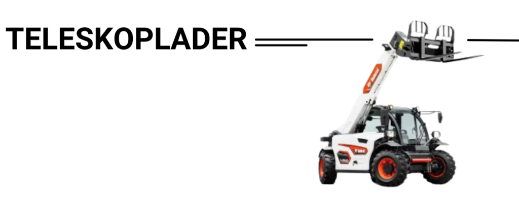 Das Bild zeigt eine schematische Darstellung eines Bobcat Teleskopladers. Links steht das Wort "TELESKOPLADER" in großer, schwarzer Schrift, während rechts eine stilisierte Zeichnung eines weißen Bobcat Teleskopladers mit ausgefahrenem Arm und einer Gabel zu sehen ist