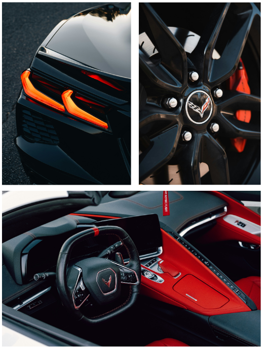 Eine Collage aus drei Detailaufnahmen einer schwarzen Chevrolet Corvette. Oben links ist ein Teil des Hecks mit den leuchtenden, orangefarbenen LED-Rückleuchten zu sehen. Oben rechts zeigt eine Nahaufnahme ein schwarzes Rad mit roten Bremssätteln und dem Corvette-Logo auf der Radkappe. Unten ist der Innenraum des Sportwagens abgebildet, mit dem Lenkrad und einem Armaturenbrett, das durch rote Akzente und Nähte im Cockpit besticht.