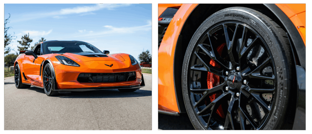 Eine Collage aus zwei Bildern einer orangen Chevrolet Corvette. Links ist das gesamte Fahrzeug von vorne leicht schräg abgebildet, stehend auf einer Straße unter blauem Himmel mit einigen Bäumen im Hintergrund. Rechts zeigt eine Nahaufnahme das schwarze Rad mit den roten Bremssätteln und dem Corvette-Logo, wobei die leuchtend orangefarbene Karosserie des Wagens im Hintergrund erkennbar ist.