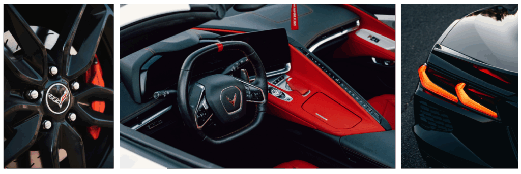 Eine Collage aus drei Detailaufnahmen einer schwarzen Chevrolet Corvette. Links ist ein schwarzes Rad mit roten Bremssätteln und dem Corvette-Logo auf der Radkappe zu sehen. In der Mitte zeigt ein Weitwinkelbild das sportliche Interieur mit einem schwarzen Lenkrad und einem Armaturenbrett, das durch leuchtend rote Akzente und Nähte besticht. Rechts ist die markante Heckpartie des Fahrzeugs mit den leuchtenden, orangefarbenen LED-Rückleuchten abgebildet.