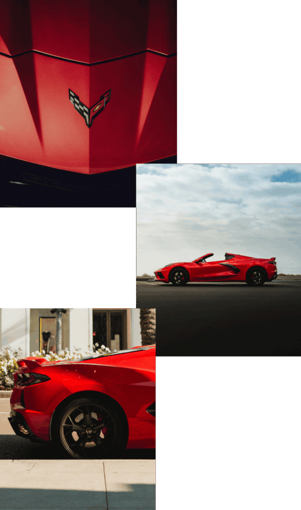 Bild 1: Eine Nahaufnahme des rot lackierten Hecks eines Chevrolet Corvette mit dem flaggenförmigen Logo des Herstellers. Bild 2: Ein roter Chevrolet Corvette Sportwagen, aufgenommen von der Seite und leicht von hinten. Das Auto ist in der Sonne geparkt. Bild 3: Ein roter Chevrolet Corvette Sportwagen in voller Seitenansicht. Das Auto steht auf einem asphaltierten Parkplatz unter einem blauen Himmel mit vielen weißen Wolken.