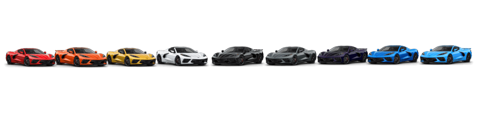 Eine horizontale Reihe von neun Chevrolet Corvette C8 Sportwagen in verschiedenen Farben, die auf einem einfarbigen, hellgrauen Hintergrund präsentiert werden. Von links nach rechts sind die Farben Rot, Orange, Gelb, Weiß, Schwarz, Dunkelgrau, Dunkelviolett, Blau und ein weiteres Blau zu sehen. Die Fahrzeuge sind leicht schräg von vorne aufgenommen, sodass ihr sportliches Design und die Farbvielfalt gut zur Geltung kommen.