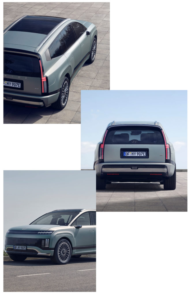 Eine Collage aus drei Ansichten eines modernen, hellgrünen SUVs. Oben links ist eine schräge Draufsicht auf das Heck des Fahrzeugs zu sehen, das auf gepflastertem Grund steht. Rechts zeigt das Bild das Heck des SUV frontal, wobei die markanten vertikalen Rückleuchten und das Kennzeichen "OF HY 907E" gut erkennbar sind. Unten links ist eine seitliche Frontansicht des Fahrzeugs auf einer Straße zu sehen, die das elegante Design und die einzigartigen Felgen hervorhebt.