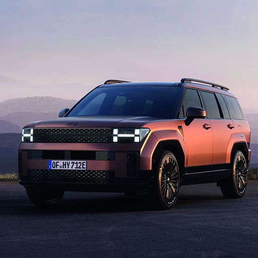 Ein bronzefarbener Hyundai Santa Fe steht in einer bergigen Landschaft bei Sonnenuntergang.