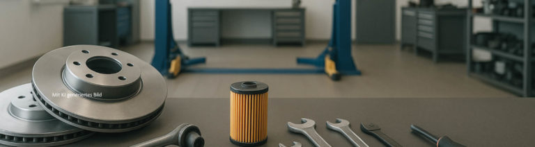KI-generiertes Bild einer modernen Kfz-Werkstatt mit ordentlich arrangierten Werkzeugen, Bremsscheiben und Ölfilter im Vordergrund – Symbol für günstigere Auto-Ersatzteile in Premium-Qualität.