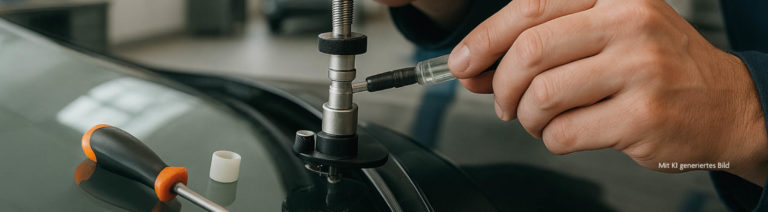 Eine Nahaufnahme zeigt die Hände eines Mechanikers, der ein Steinschlagreparatur-Werkzeug auf einer Windschutzscheibe anbringt. Im Hintergrund ist eine helle Werkstatt zu sehen.