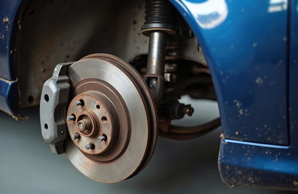 Blick auf die Bremsanlage und Radaufhängung eines blauen Autos in einer Werkstatt.
