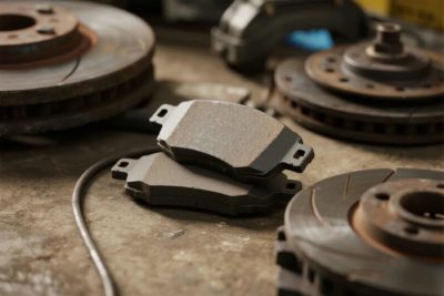 Nahaufnahme von zwei Bremsbelägen auf einer Werkbank mit Bremsscheiben im Hintergrund.