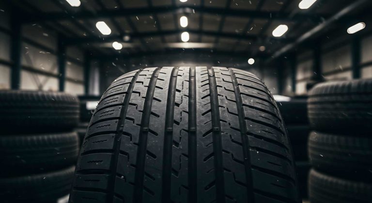 Detailaufnahme eines Reifenprofils im Vordergrund einer großen Lagerhalle mit mehreren Stapeln eingelagerter Autoreifen unter Hallenbeleuchtung.