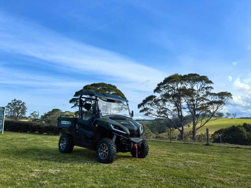 Ein dunkelgrünes FarmBoss Diesel UTV mit geländegängigen Reifen auf einer weitläufigen Wiese unter blauem Himmel mit markanten Bäumen im Hintergrund.