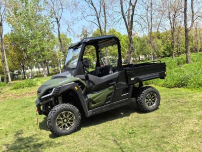 Ein grünes Diesel-UTV mit schwarzer Ladefläche auf einer sonnigen Rasenfläche vor einer Baumreihe.
