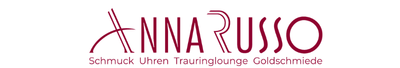 Logo von ‚ANNARUSSO‘ auf schwarzem Hintergrund in dunklem Pink/Magenta. Der Schriftzug ist modern und stilisiert gestaltet, darunter steht: ‚Schmuck Uhren Trauringlounge Goldschmiede‘.