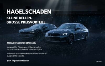 Ein dunkles Pop-up-Werbebanner für Fahrzeuge mit Hagelschaden. Zwei dunkle Autos, eine Limousine und ein Crossover, stehen auf einer dunklen Fläche, während künstliche Hagelkörner auf sie fallen. Oben links steht in großer, weißer, fetter Schrift der Haupttitel „HAGELSCHADEN“. Darunter folgt in etwas kleinerer, weißer Schrift der Slogan: „KLEINE DELLEN. GROSSE PREISVORTEILE“. In der unteren linken Ecke befindet sich ein weißer Textblock. Die Überschrift lautet „PREISVORTEILE NACH DEM HAGEL“. Darunter heißt es: „Ausgewählte Fahrzeuge mit Hagelschaden. Technisch einwandfrei und sofort verfügbar. Sichere dir jetzt deinen Preisvorteil und entdecke ausgewählte Modelle.“ Ganz unten steht in kleinerer weißer Schrift „Jetzt Angebote entdecken“