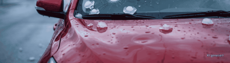 Ein rotes Auto mit Hagelschaden: gesplitterte Windschutzscheibe und große Hagelkörner auf der Motorhaube.