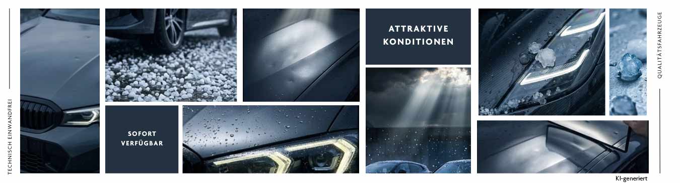 Werbe-Collage für Autos mit Hagelschäden mit Detailfotos von Karosseriedellen, Scheinwerfern und Textfeldern.