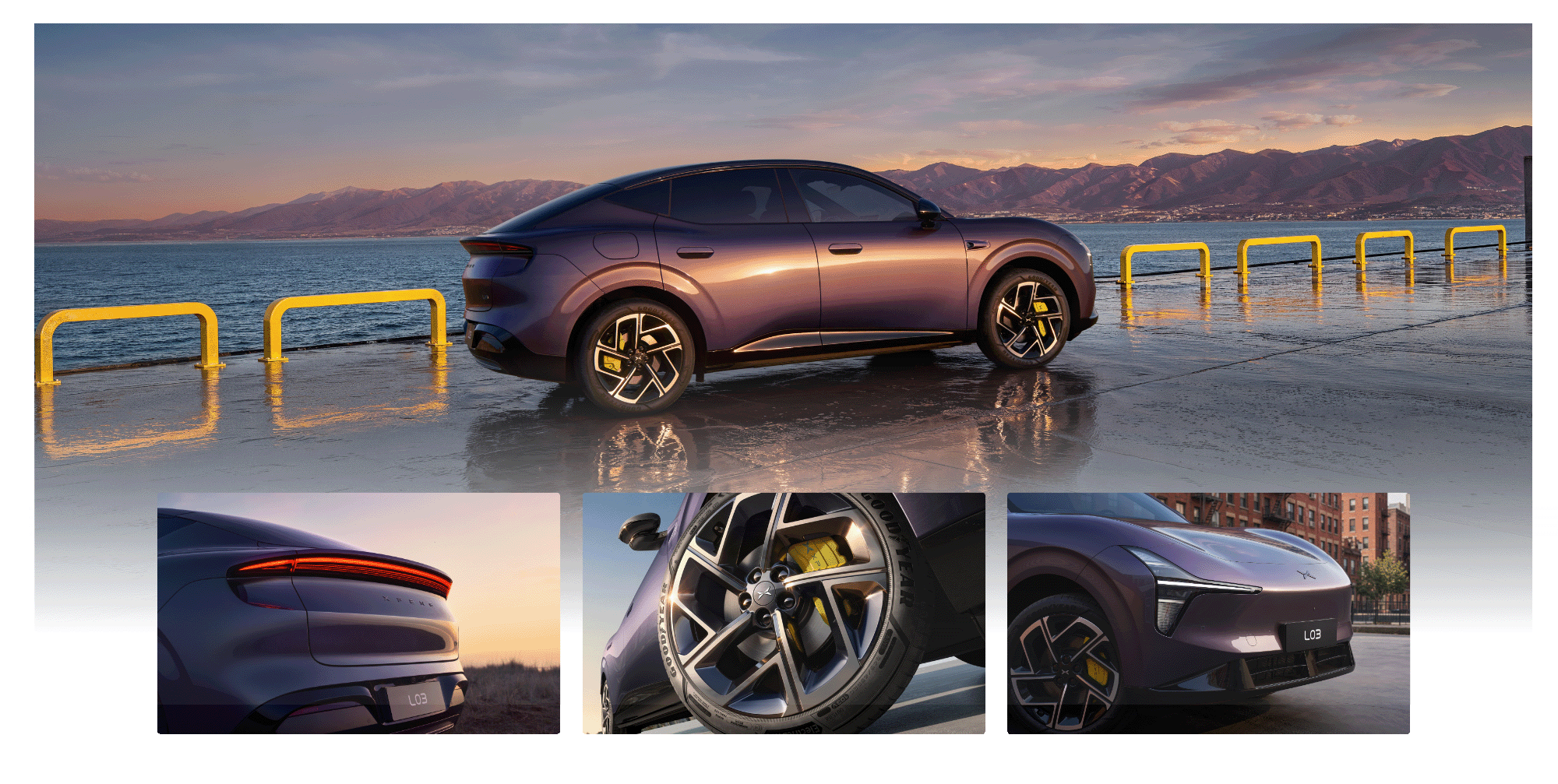 Fotocollage eines lila Elektro-SUVs an einer Uferpromenade mit Detailaufnahmen von Heckleuchte, Felge und Frontansicht.