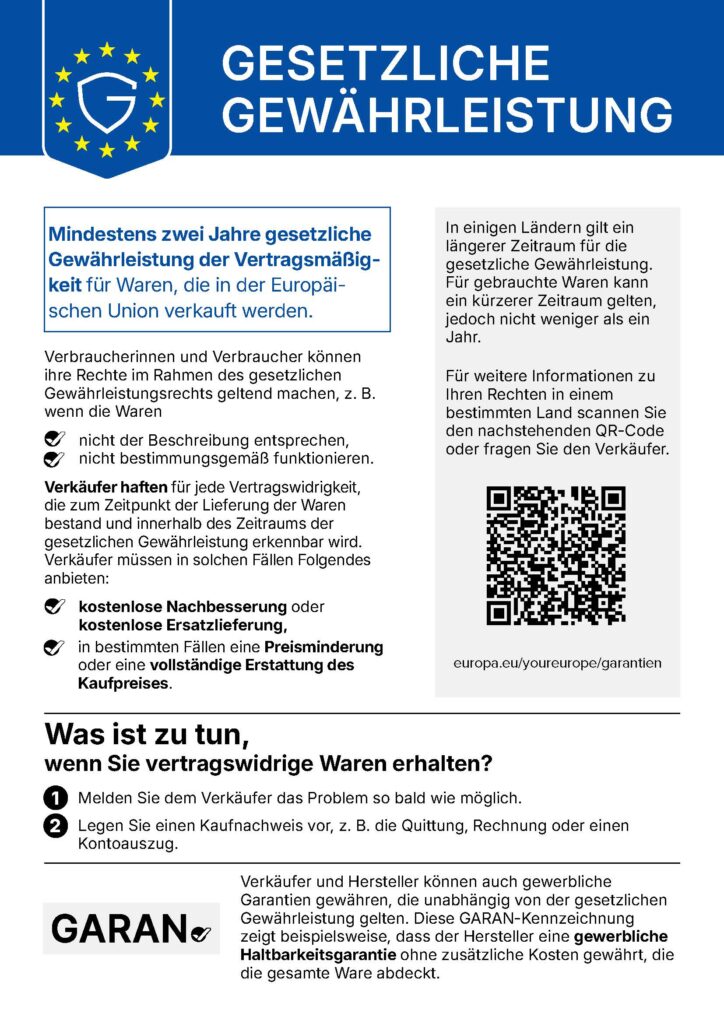 Infografik zur gesetzlichen Gewährleistung in der Europäischen Union mit Informationen zu Verbraucherrechten und QR-Code.