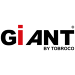 Das Bild zeigt das Logo von Giant. Der Schriftzug "giant" ist in schwarzer Farbe mit einem roten "i" dargestellt, und darunter steht in kleinerer, schwarzer Schrift "BY TOBROCO". Giant ist ein Hersteller von Kompaktladern und anderen Maschinen.